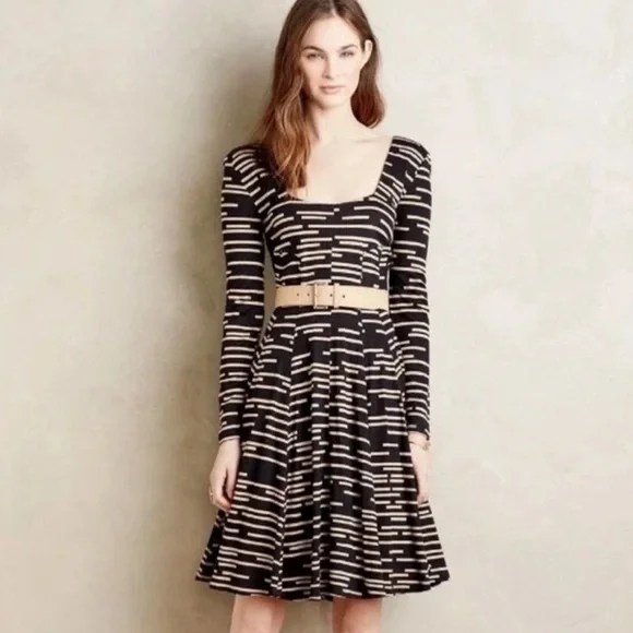 Hd In Paris Dresses | Anthropologie Hd In Paris Saraid Black Tan Stripe Jersey Dress Xl | Color: Black/Tan | Size: Xl | Southernthred's Closet